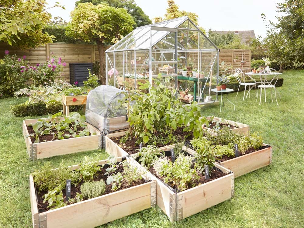 Gemüsebeete mit Gewächshaus und Kräutern in einem gepflegten Garten