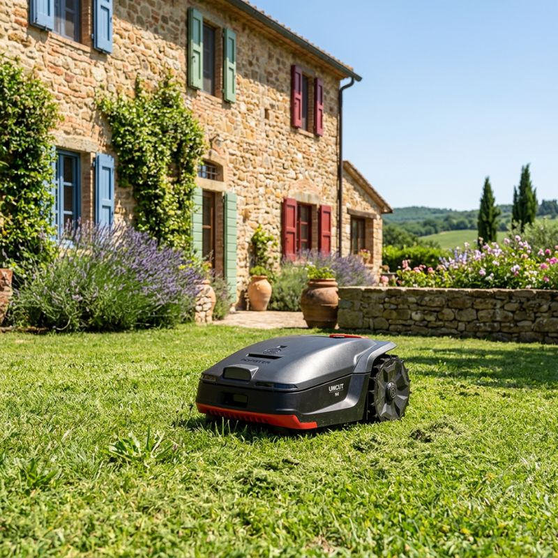 Gepflegter Garten an einem sonnigen Landhaus mit Rasenmähroboter